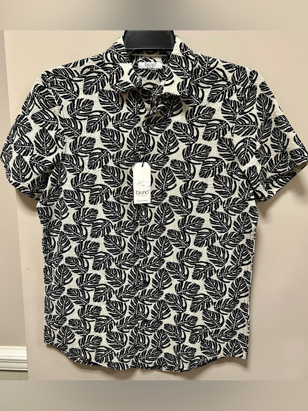 Men’s Black & White Leaf Print Short-Sleeve Shirt Bruno Milano Sz S NWT